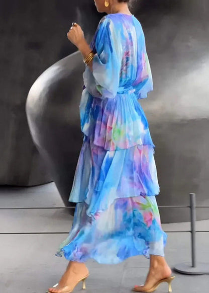 Blue O-neck Print Chiffon Long Dress Short Sleeve