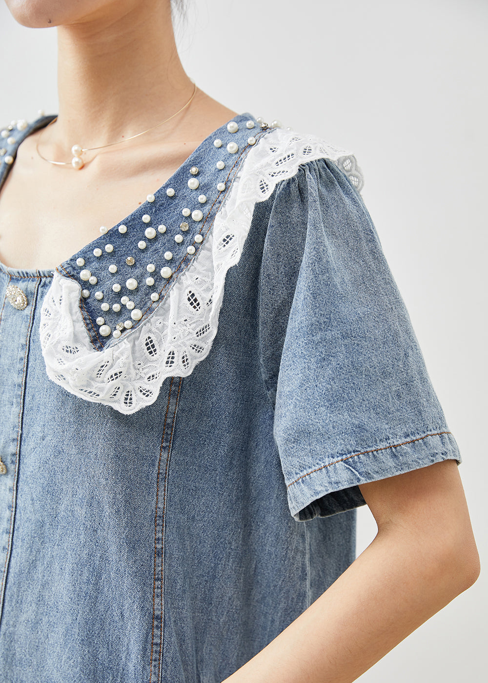 Blue Peter Pan Collar Nail Bead Denim Vacation Dress Summer