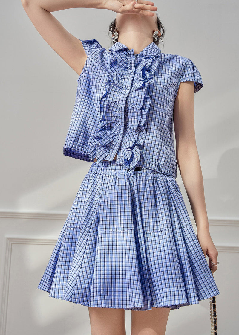 Blue Plaid Peter Pan Collar Shirt and Skirts Two Piece Set Summer