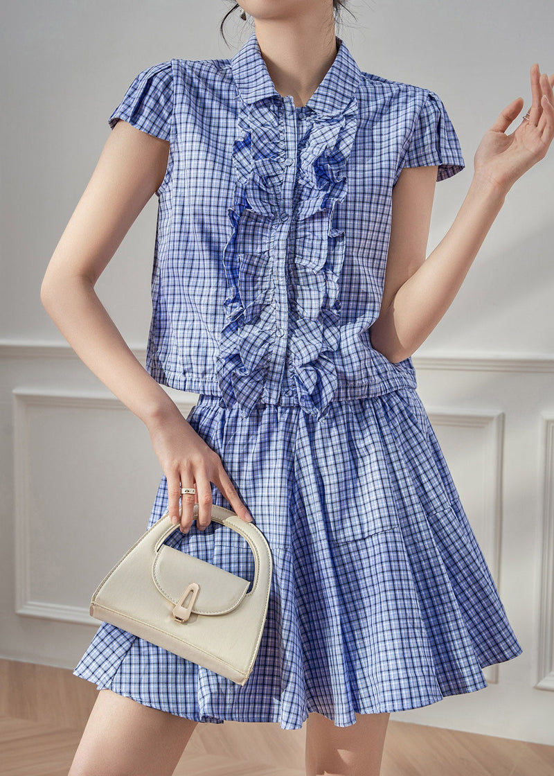Blue Plaid Peter Pan Collar Shirt and Skirts Two Piece Set Summer