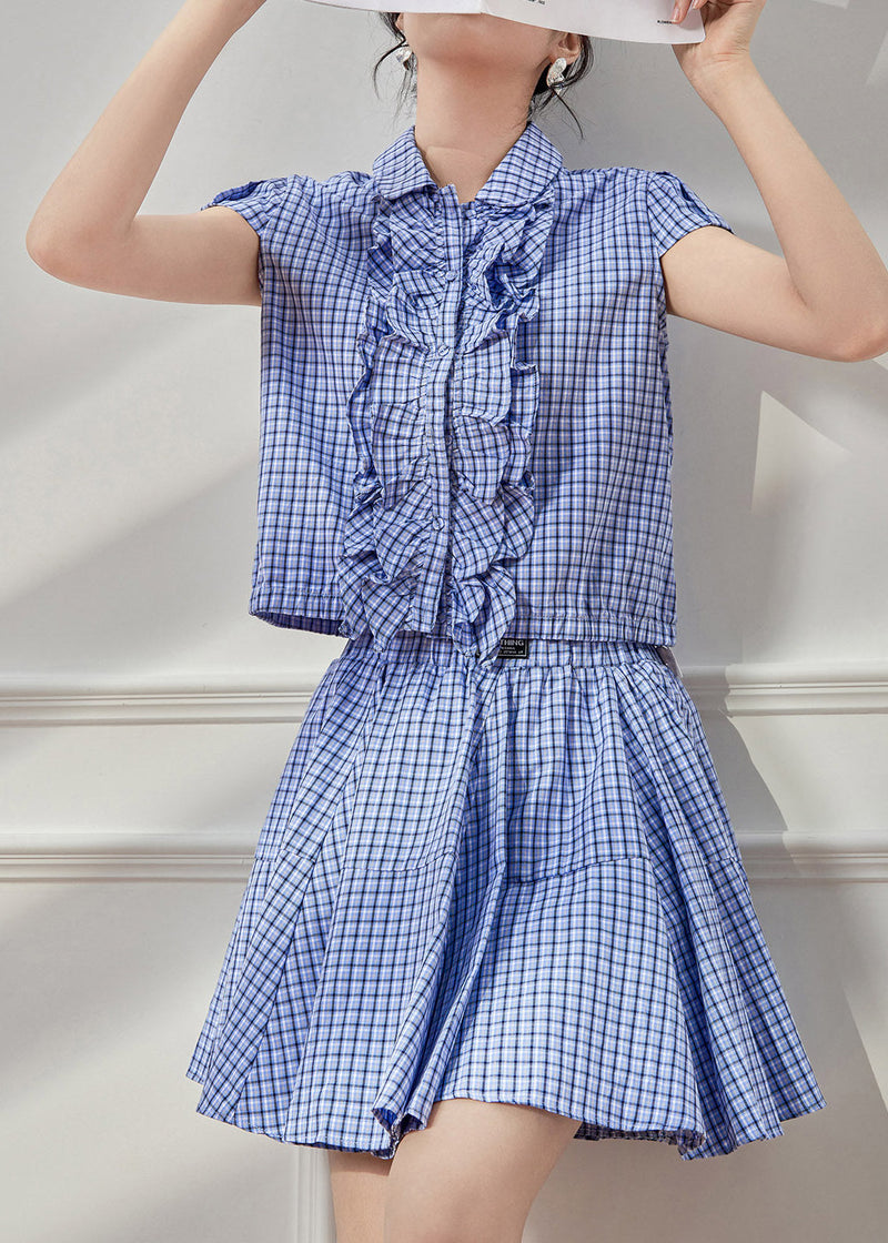 Blue Plaid Peter Pan Collar Shirt and Skirts Two Piece Set Summer