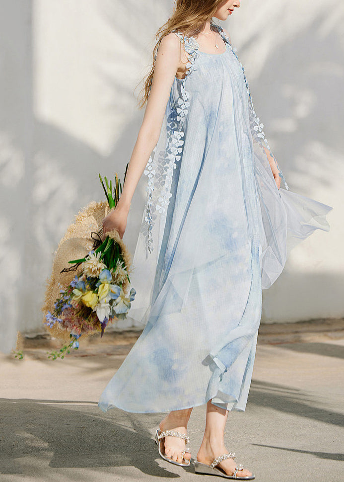 Blue Print Silk Maxi Holiday Spaghetti Strap Dress Sleeveless