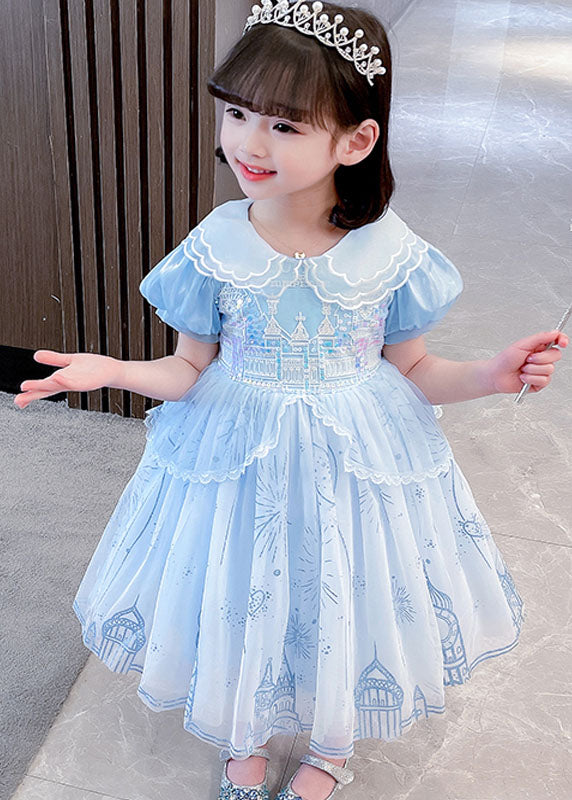 Blue Ruffled Patchwork Tulle Vacation Long Dresses Summer