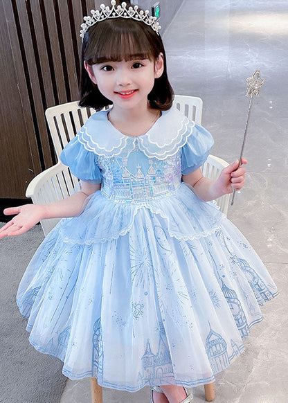 Blue Ruffled Patchwork Tulle Vacation Long Dresses Summer
