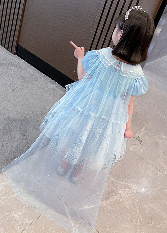 Blue Ruffled Patchwork Tulle Vacation Long Dresses Summer