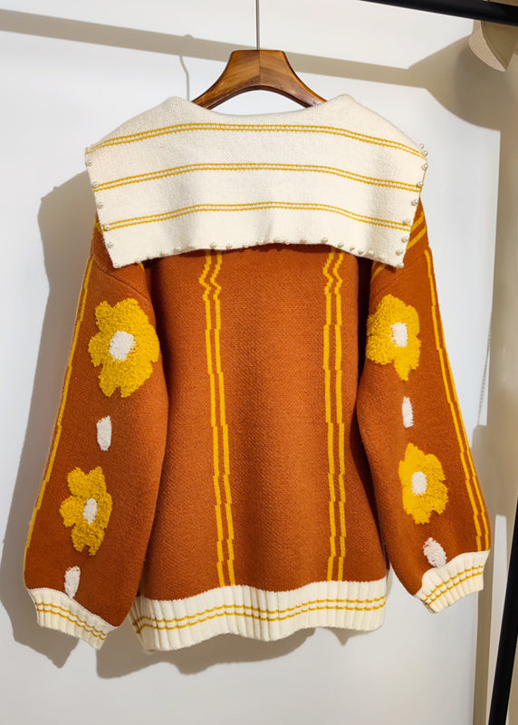 Blue Sailor Collar Jacquard Nail Bead Knitted Sweater Tops Winter