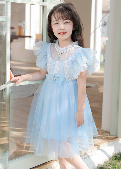 Blue Sequins Patchwork Bow Tulle Kids Maxi Dresses Butterfly Sleeve