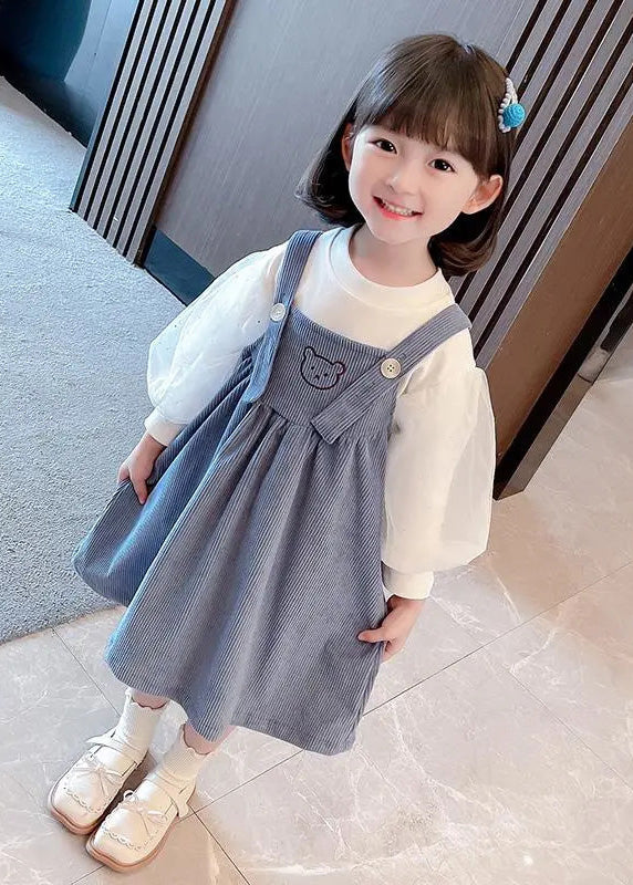 Blue Slash Neck Patchwork Corduroy Slip Dress and T Shirt Two Pieces Set Summer