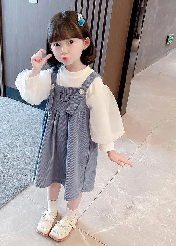Blue Slash Neck Patchwork Corduroy Slip Dress and T Shirt Two Pieces Set Summer