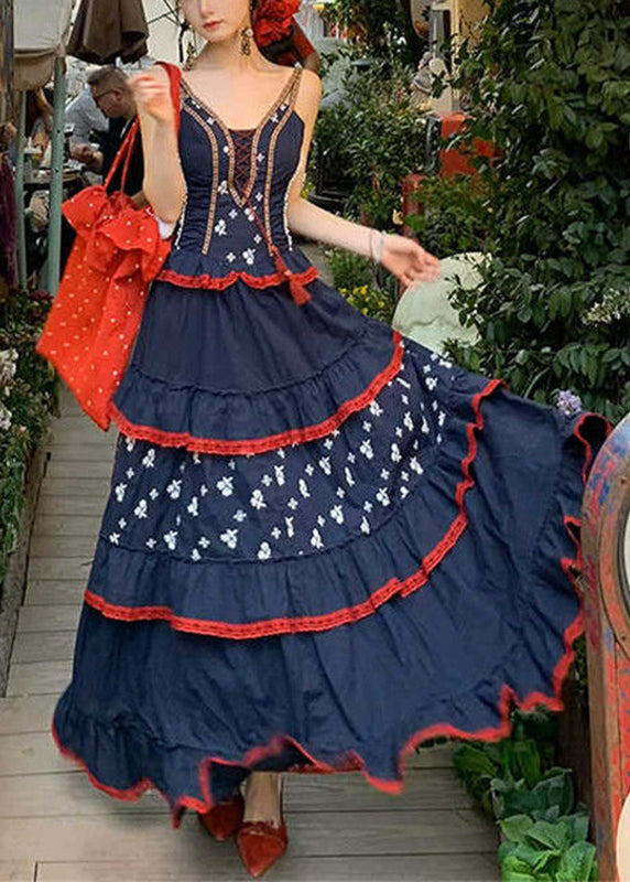 Blue V Neck Print Patchwork Party Long Dress Summer