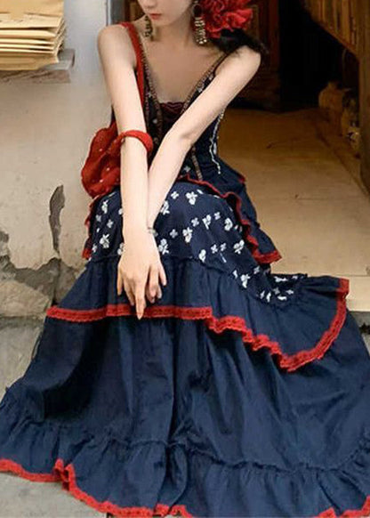 Blue V Neck Print Patchwork Party Long Dress Summer