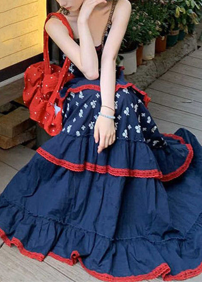 Blue V Neck Print Patchwork Party Long Dress Summer