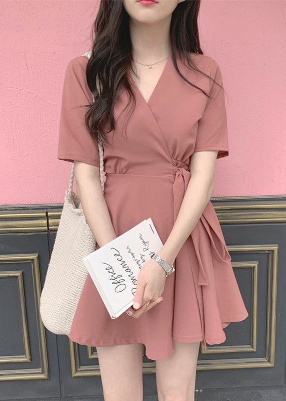 Brick Red Bow Tie Waist Mid Dress Summer