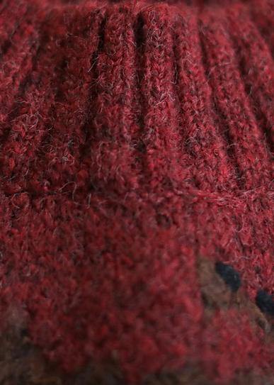 Burgundy Deer Design Knit Top Silhouette High Neck Knitwear