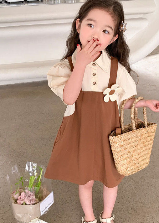 Coffee Pockets Patchwork False Two Pieces Cotton Baby Dress Summer