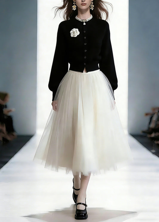 Cotton Knit Cardigans and Tulle Maxi Skirts Two Piece Set Spring