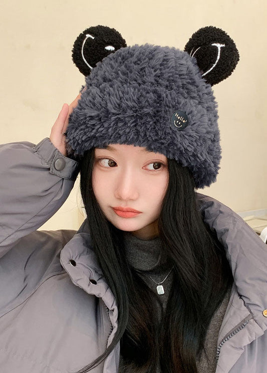 Dark Grey Rabbit Ears Warm Fleece Knitted Cotton Bonnie Hat