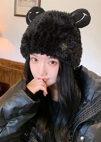 Dark Grey Rabbit Ears Warm Fleece Knitted Cotton Bonnie Hat