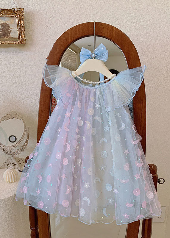 Gradient Blue Sequins Wrinkled Patchwork Tulle Baby Dress Summer