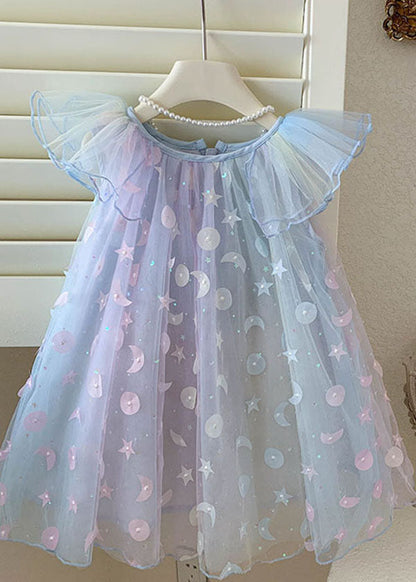 Gradient Blue Sequins Wrinkled Patchwork Tulle Baby Dress Summer