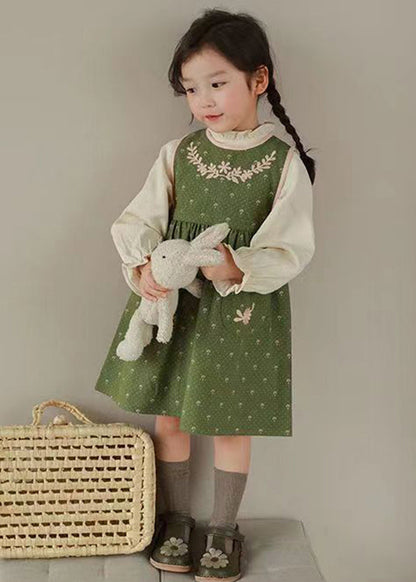 Green Embroideried Ruffled Tops and Waistcoat Dress Cotton Two Fall