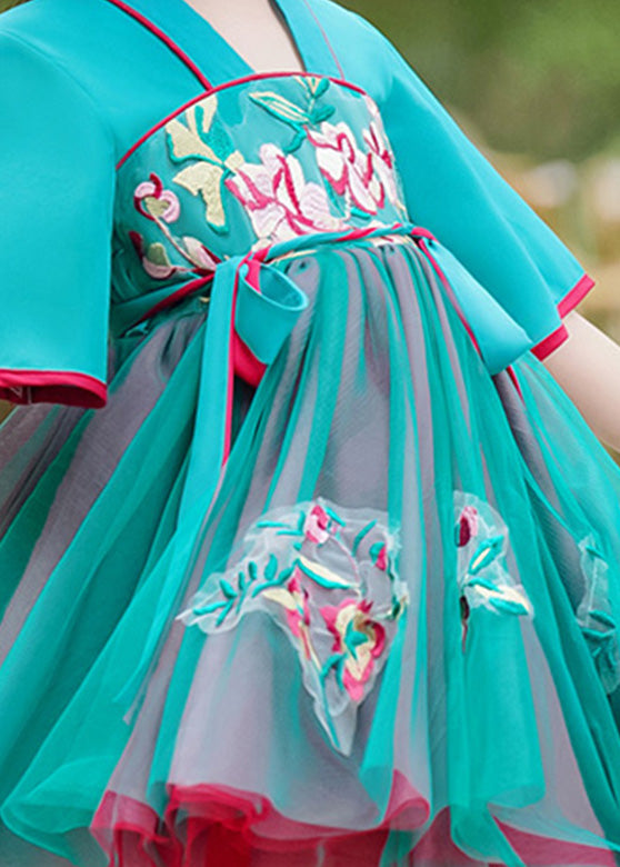 Green Embroideried Tie Waist Tulle Mid Dress Summer