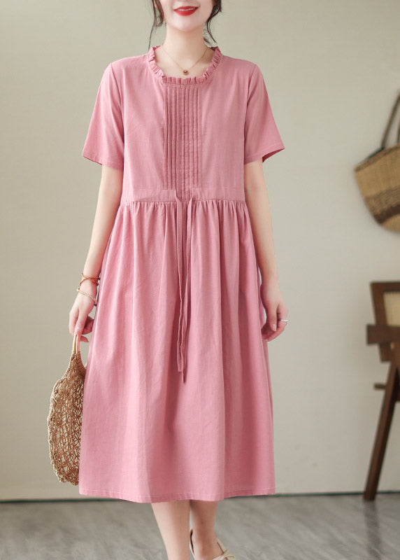 Green O-neck Patchwork Tie Waist Linen Long Dresses Short Sleeve