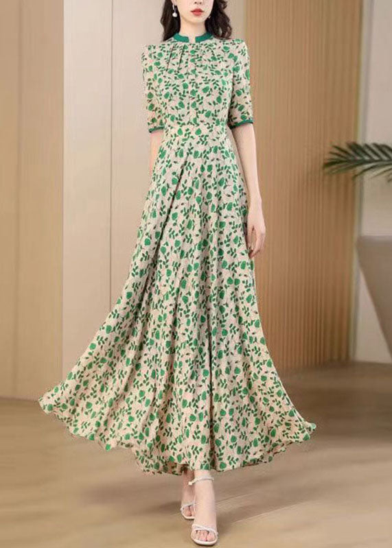 Green O-neck Print Wrinkled Chiffon Maxi Dresses Short Sleeve