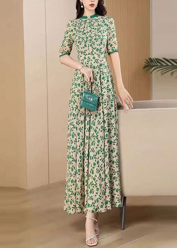 Green O-neck Print Wrinkled Chiffon Maxi Dresses Short Sleeve