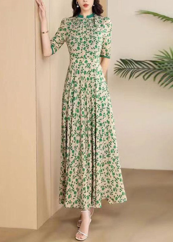 Green O-neck Print Wrinkled Chiffon Maxi Dresses Short Sleeve