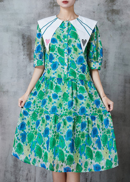 Green Peter Pan Collar Print Chiffon a Line Dress Summer