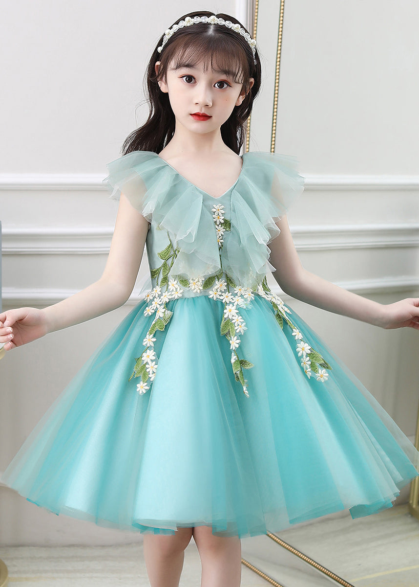 Green Ruffled Embroideried Daisy Tulle Kids Long Dresses Summer