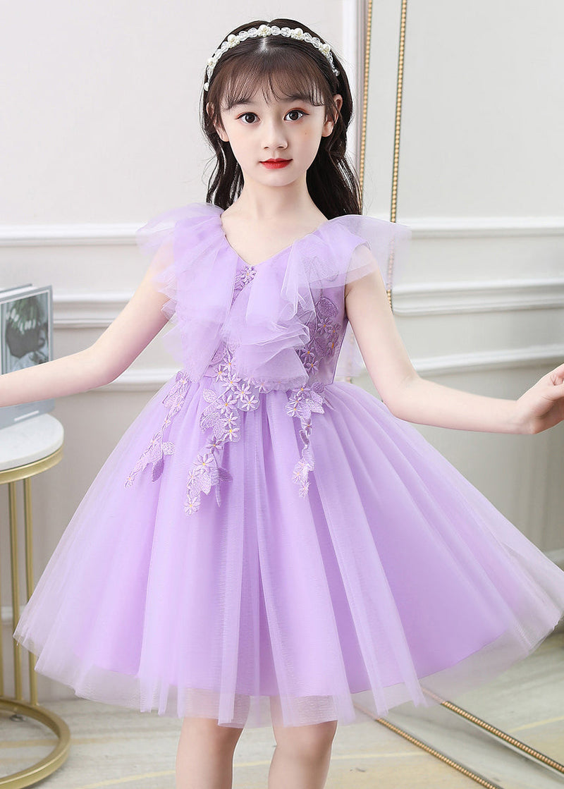 Green Ruffled Embroideried Daisy Tulle Kids Long Dresses Summer
