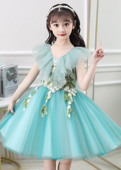 Green Ruffled Embroideried Daisy Tulle Kids Long Dresses Summer