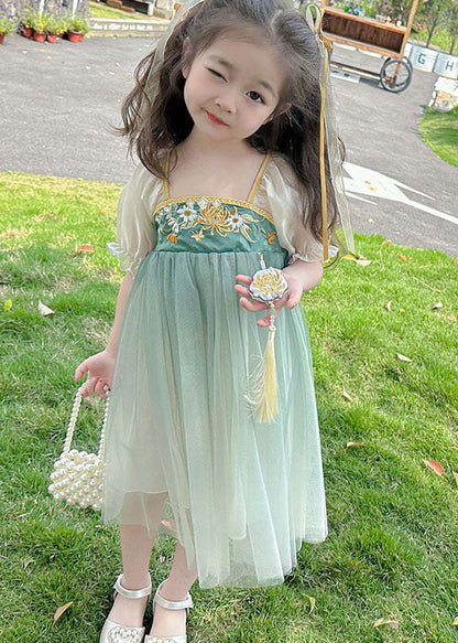 Green Ruffled Embroideried Patchwork Chiffon Kids Dresses Summer