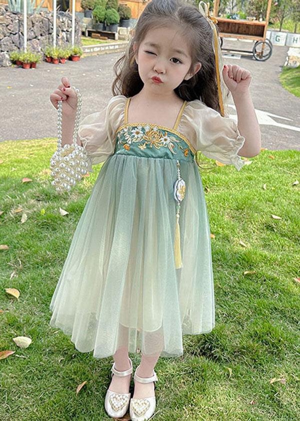 Green Ruffled Embroideried Patchwork Chiffon Kids Dresses Summer