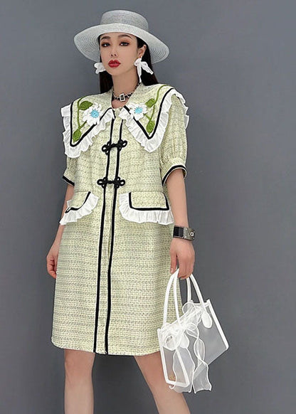 Green Sailor Collar Patchwork Ruffled Cotton Maxi Dress Short Sleeve