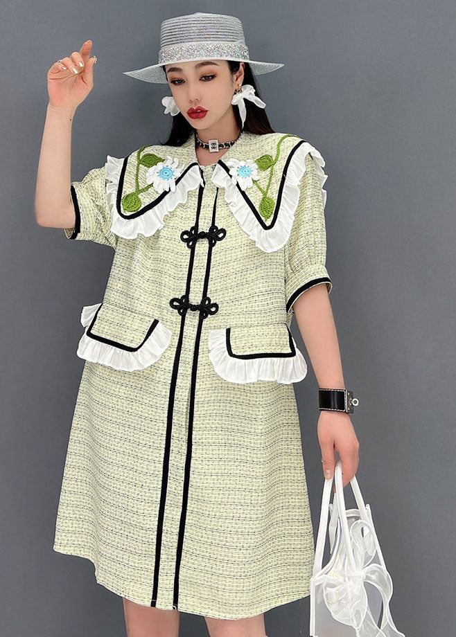 Green Sailor Collar Patchwork Ruffled Cotton Maxi Dress Short Sleeve