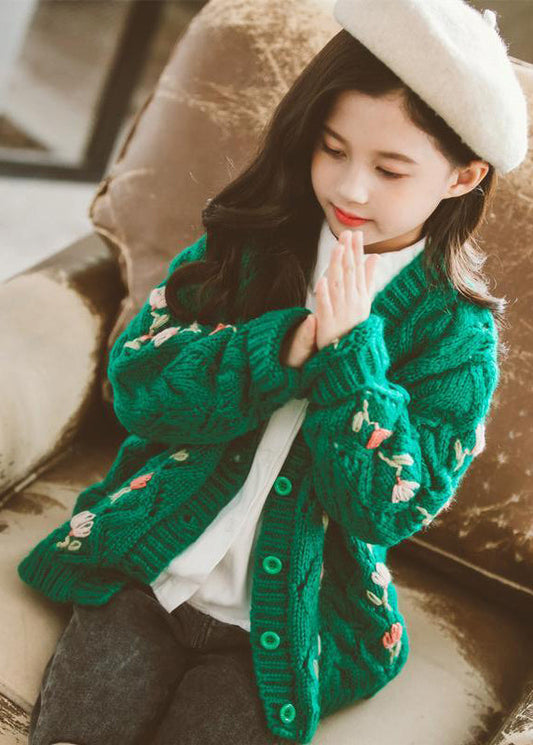 Green V Neck Button Patchwork Knit Cardigans Fall