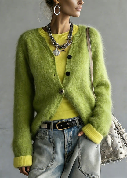 Green V Neck Cotton Knit Cardigan and Top Two Pieces Set Spring