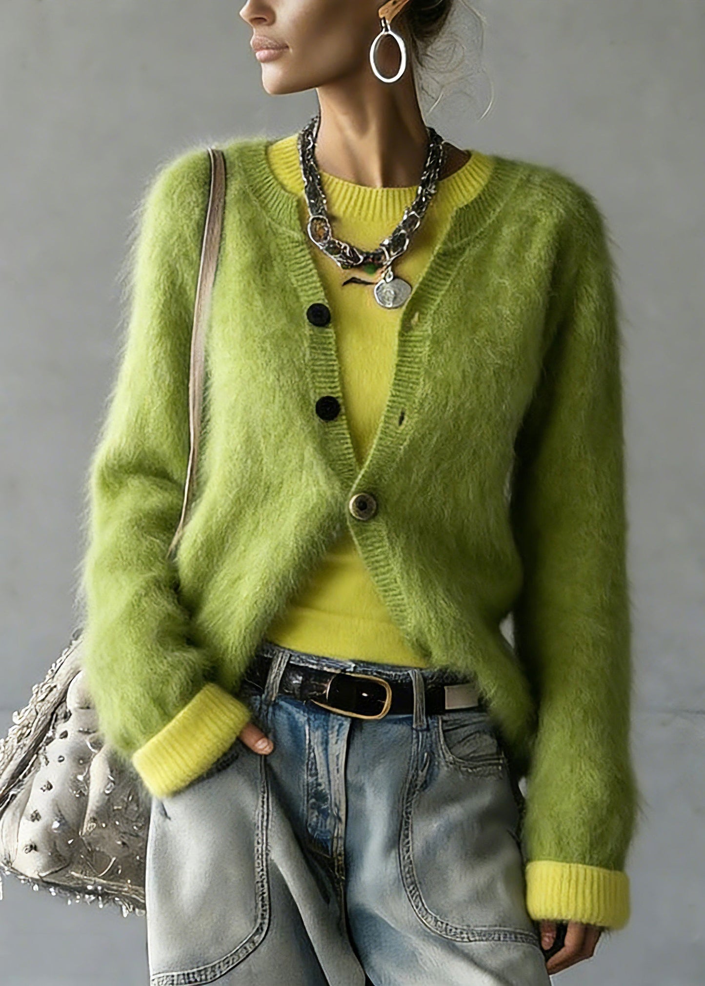 Green V Neck Cotton Knit Cardigan and Top Two Pieces Set Spring