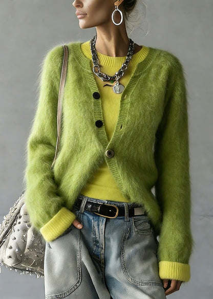 Green V Neck Cotton Knit Cardigan and Top Two Pieces Set Spring