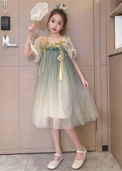 Grey Green Square Collar Embroideried Patchwork Wrinkled Tassel Tulle Kids Maxi Dresses Short Sleeve