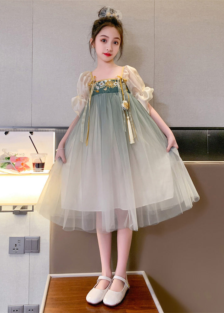 Grey Green Square Collar Embroideried Patchwork Wrinkled Tassel Tulle Kids Maxi Dresses Short Sleeve