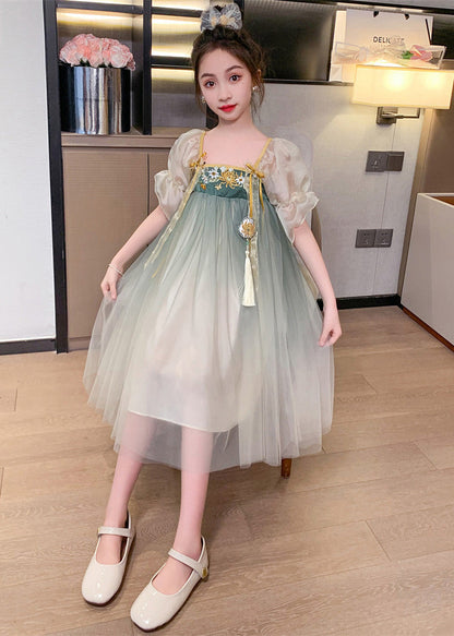 Grey Green Square Collar Embroideried Patchwork Wrinkled Tassel Tulle Kids Maxi Dresses Short Sleeve