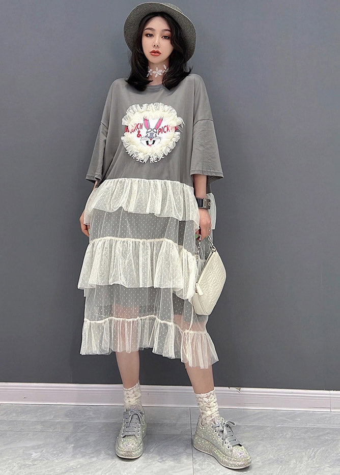 Grey O-neck Patchwork Tulle Dress Short Sleeve