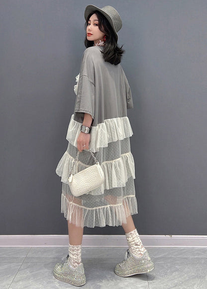 Grey O-neck Patchwork Tulle Dress Short Sleeve