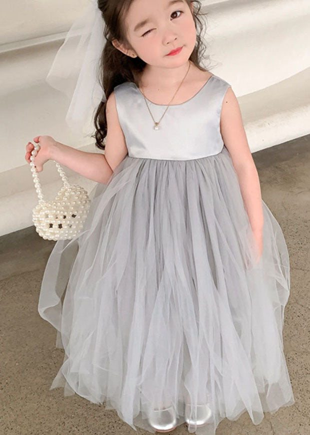 Grey O Neck Wrinkled Patchwork Tulle Baby Party Dress Sleeveless