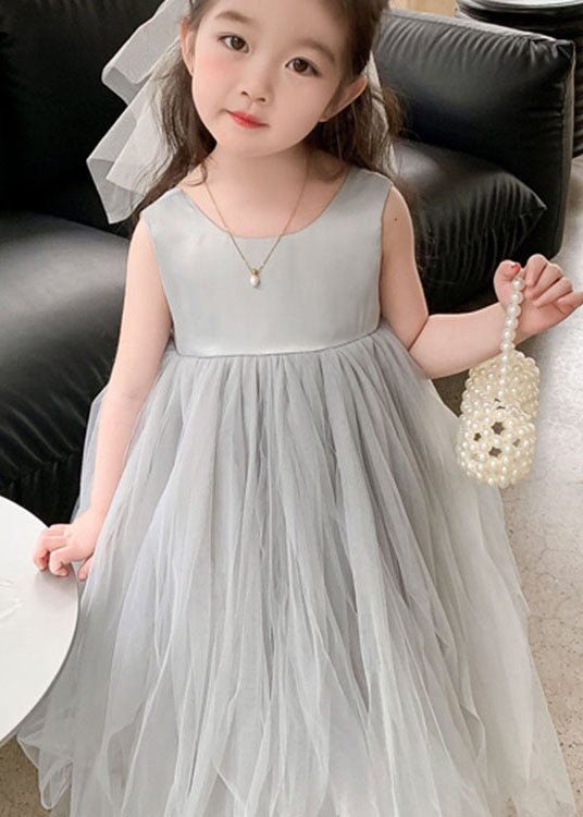 Grey O Neck Wrinkled Patchwork Tulle Baby Party Dress Sleeveless