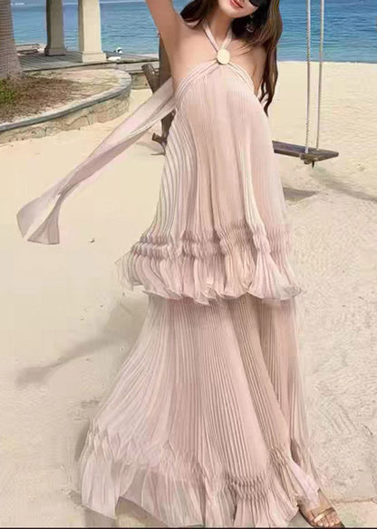 Halter Patchwork Backless Fake Two-piece Vacation Long Dresses Sleeveless
